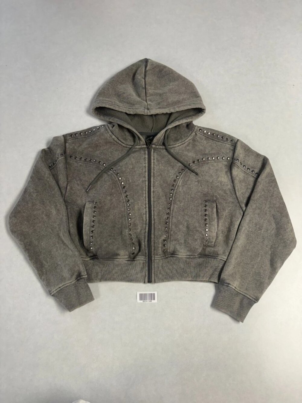 NWT Red Fox Womens Studded Cropped Fleece Full-Zip Hoodie Charcoal Wash Size M - Picture 2 of 7